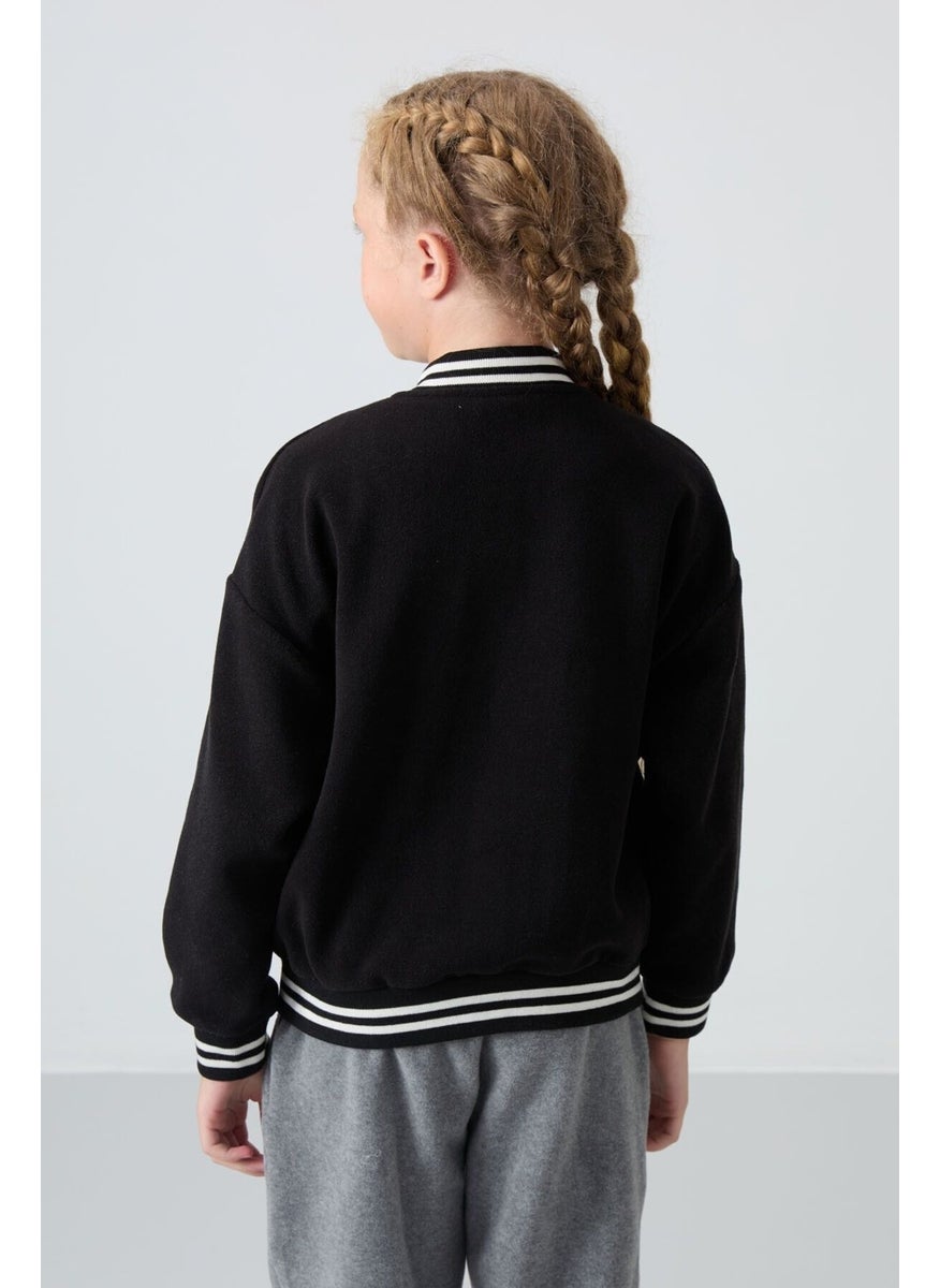 Black Thick Soft Texture Standard Fit Embroidered Fleece Girls College Jacket - 75156