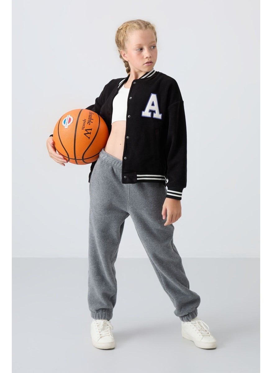 Black Thick Soft Texture Standard Fit Embroidered Fleece Girls College Jacket - 75156