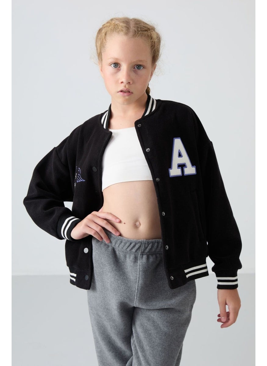 Black Thick Soft Texture Standard Fit Embroidered Fleece Girls College Jacket - 75156