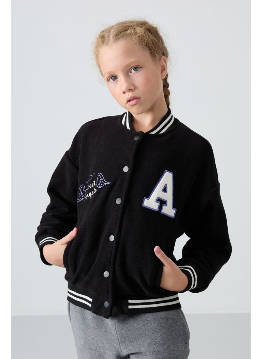 Black Thick Soft Texture Standard Fit Embroidered Fleece Girls College Jacket - 75156