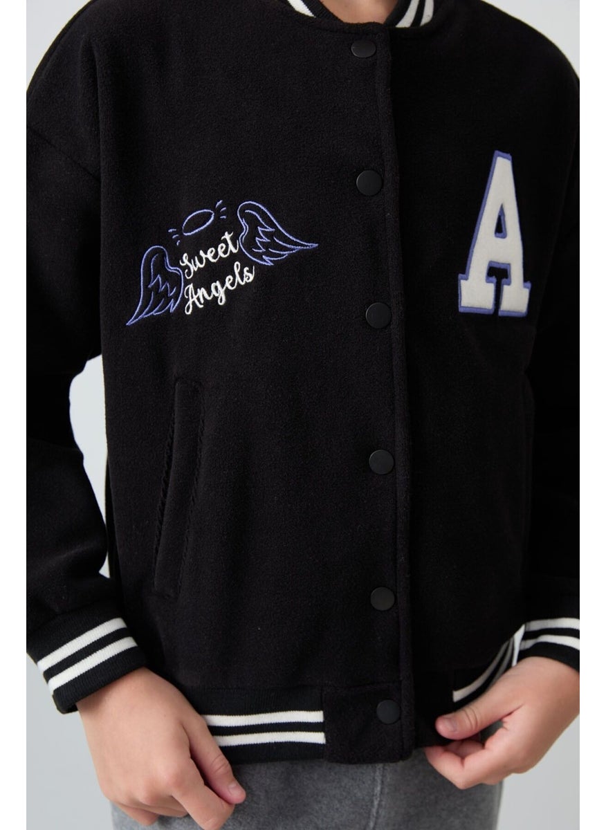 Black Thick Soft Texture Standard Fit Embroidered Fleece Girls College Jacket - 75156