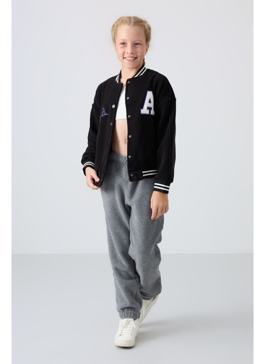 Black Thick Soft Texture Standard Fit Embroidered Fleece Girls College Jacket - 75156