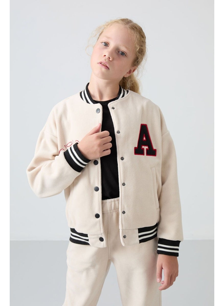 Beige Thick Soft Texture Standard Fit Embroidered Fleece Girls College Jacket - 75156