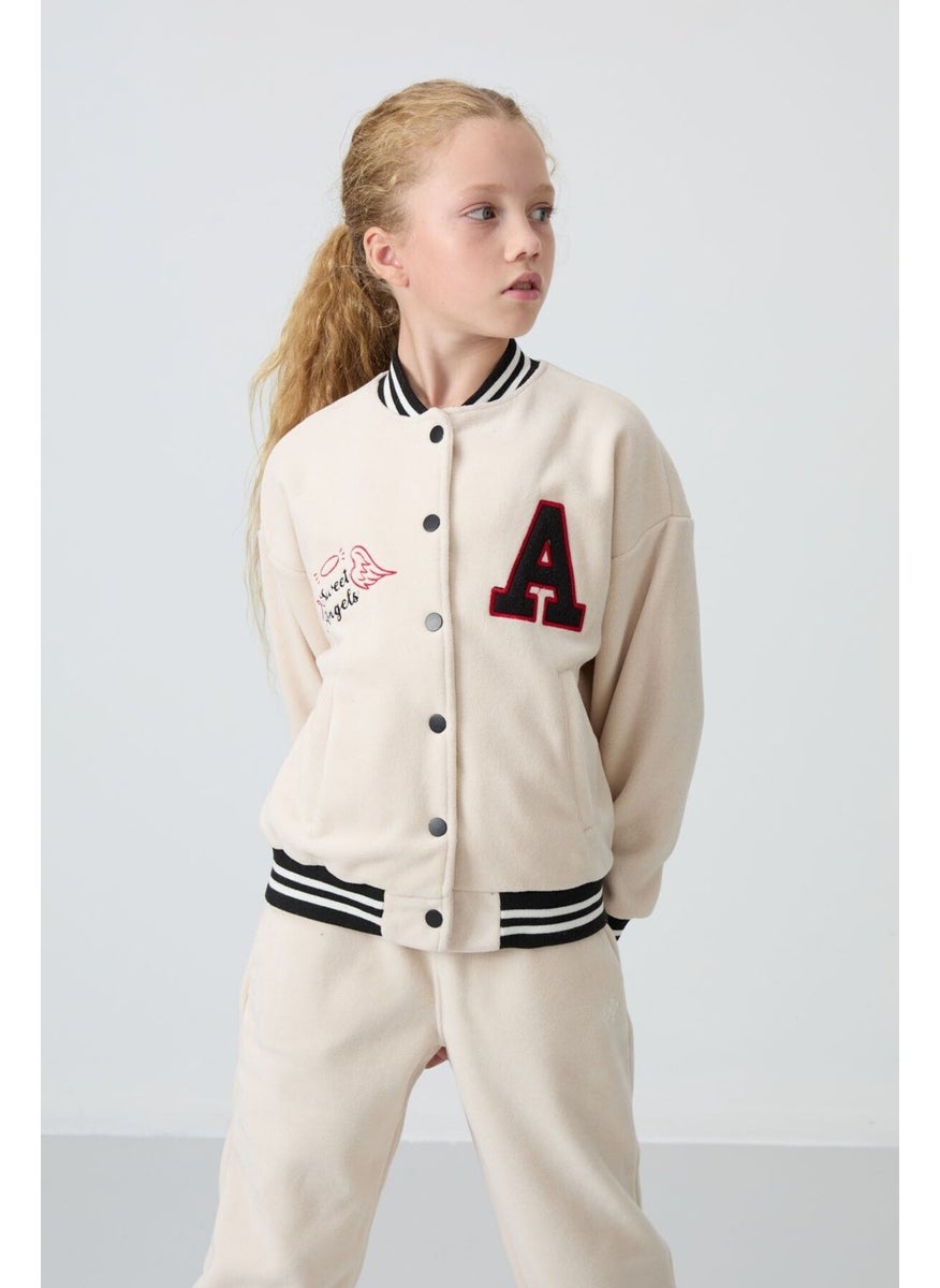 Beige Thick Soft Texture Standard Fit Embroidered Fleece Girls College Jacket - 75156