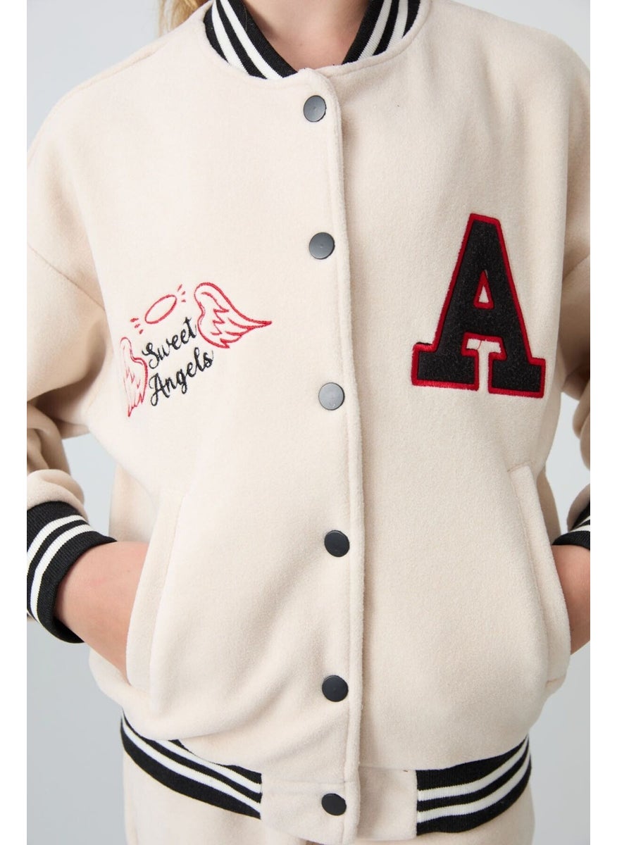 Beige Thick Soft Texture Standard Fit Embroidered Fleece Girls College Jacket - 75156