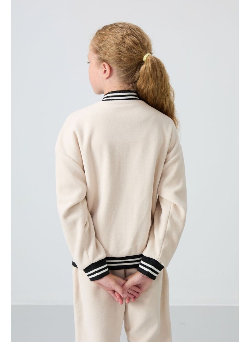 Beige Thick Soft Texture Standard Fit Embroidered Fleece Girls College Jacket - 75156
