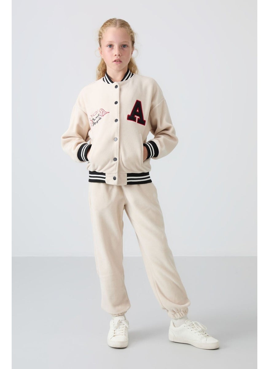 Beige Thick Soft Texture Standard Fit Embroidered Fleece Girls College Jacket - 75156