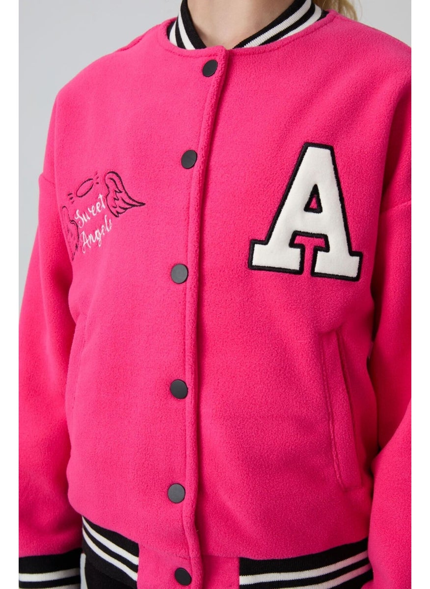 Fuchsia Thick Soft Texture Standard Fit Embroidered Fleece Girls College Jacket - 75156