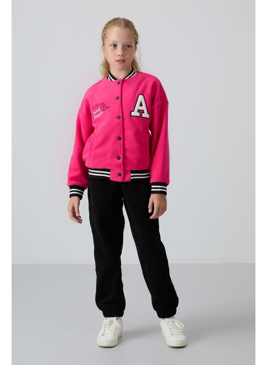 Fuchsia Thick Soft Texture Standard Fit Embroidered Fleece Girls College Jacket - 75156