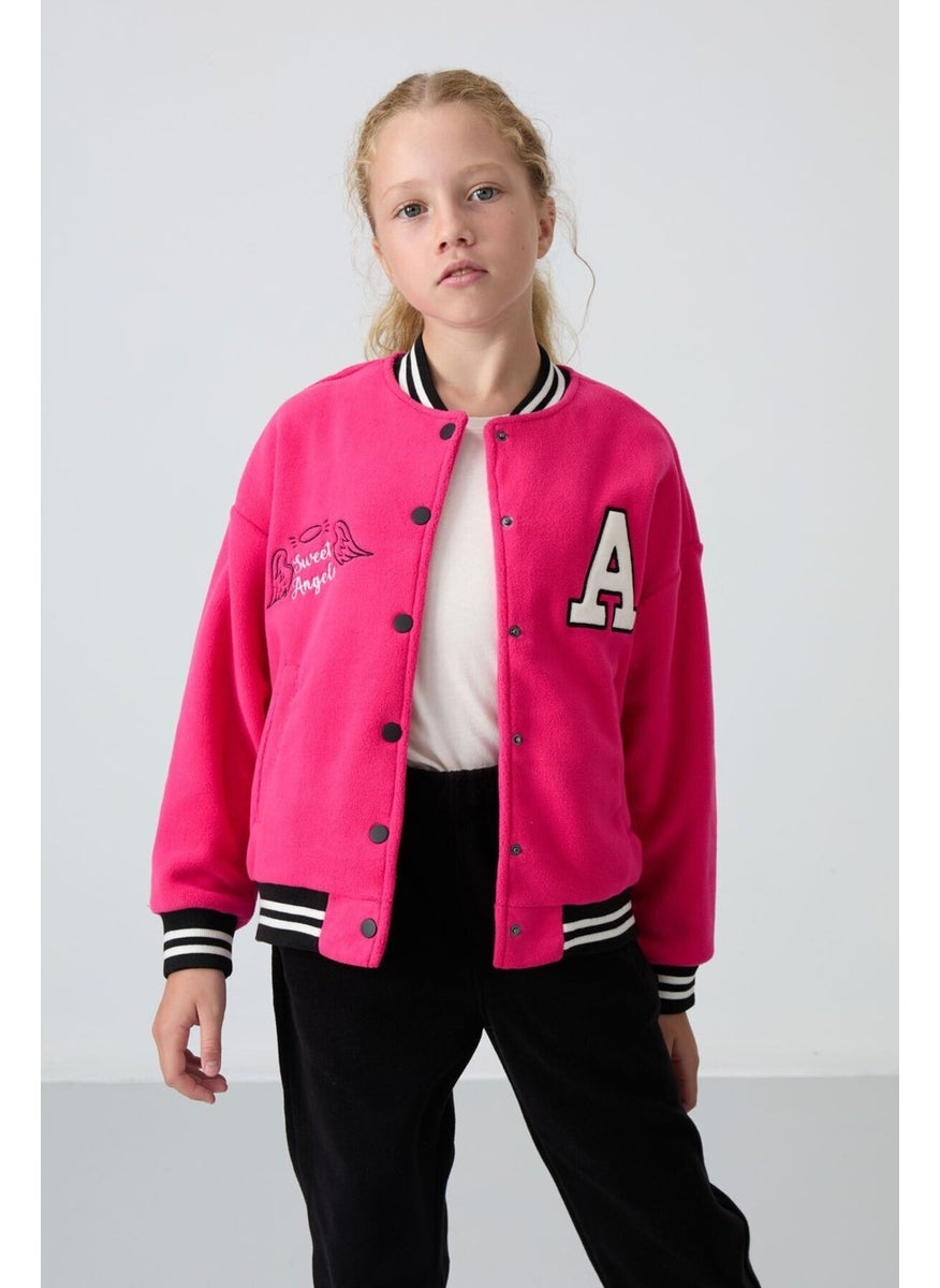 Fuchsia Thick Soft Texture Standard Fit Embroidered Fleece Girls College Jacket - 75156