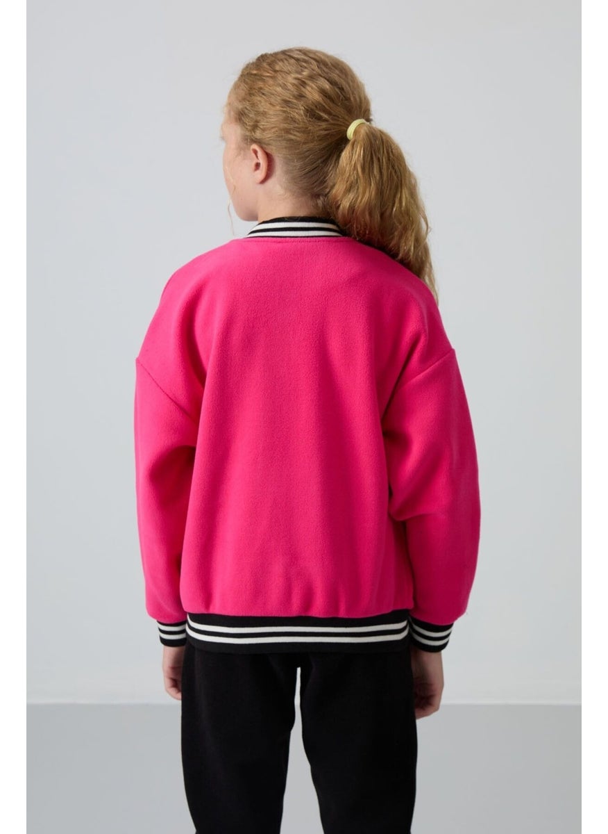 Fuchsia Thick Soft Texture Standard Fit Embroidered Fleece Girls College Jacket - 75156