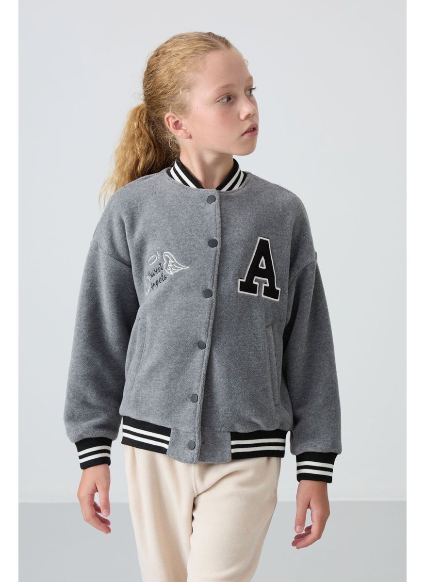 Gray Melange Thick Soft Texture Standard Fit Embroidered Fleece Girls College Jacket - 75156
