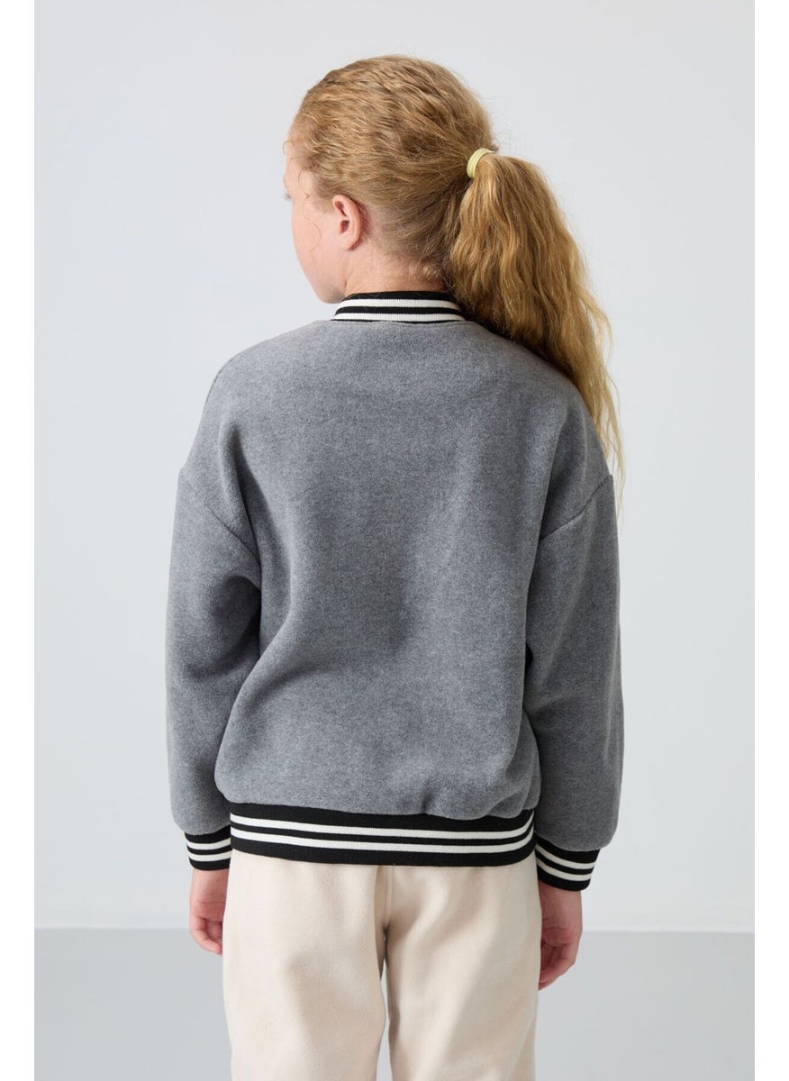 Gray Melange Thick Soft Texture Standard Fit Embroidered Fleece Girls College Jacket - 75156