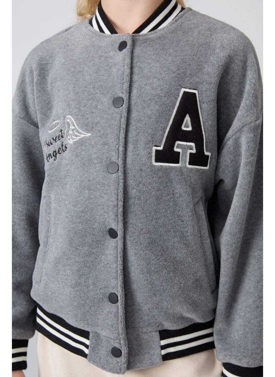 Gray Melange Thick Soft Texture Standard Fit Embroidered Fleece Girls College Jacket - 75156