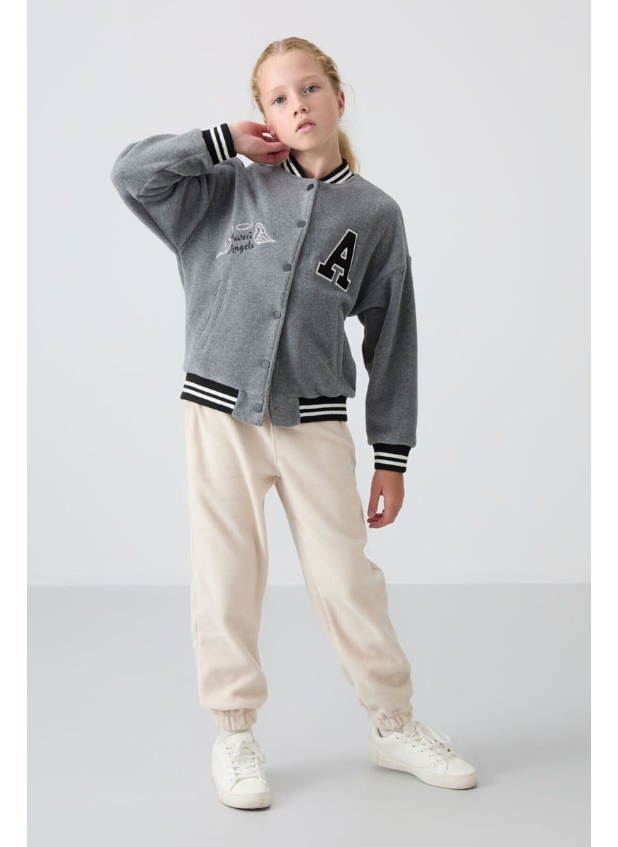 Gray Melange Thick Soft Texture Standard Fit Embroidered Fleece Girls College Jacket - 75156