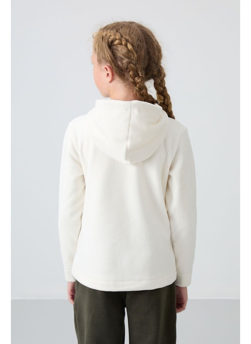 Ecru Thick Soft Texture Standard Fit Embroidered Polar Fleece Girls Sweatshirt - 75152