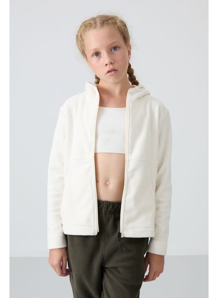 Ecru Thick Soft Texture Standard Fit Embroidered Polar Fleece Girls Sweatshirt - 75152