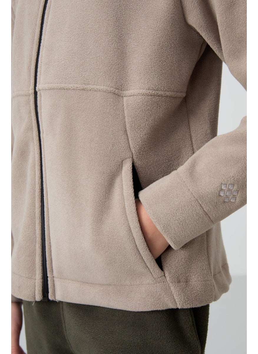 Dark Beige Thick Soft Texture Standard Fit Embroidered Polar Fleece Girl Sweatshirt - 75152