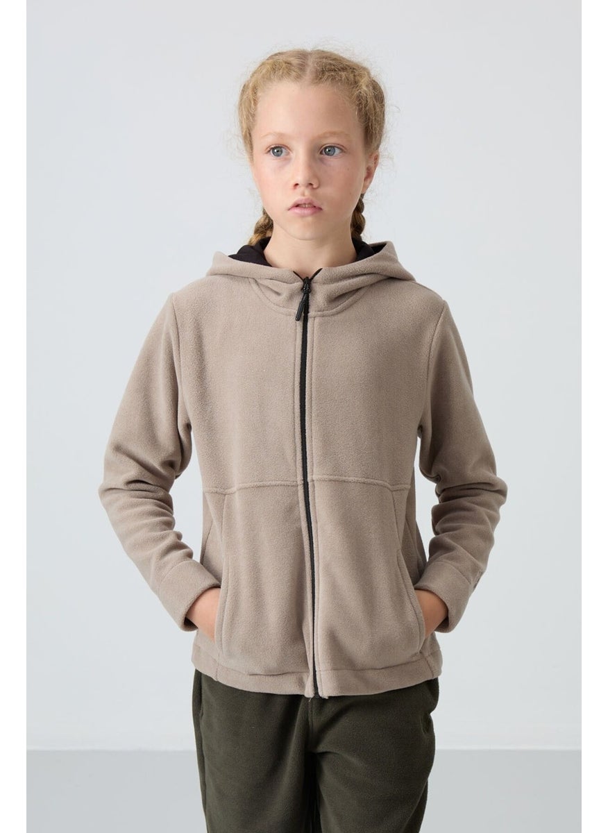 Dark Beige Thick Soft Texture Standard Fit Embroidered Polar Fleece Girl Sweatshirt - 75152
