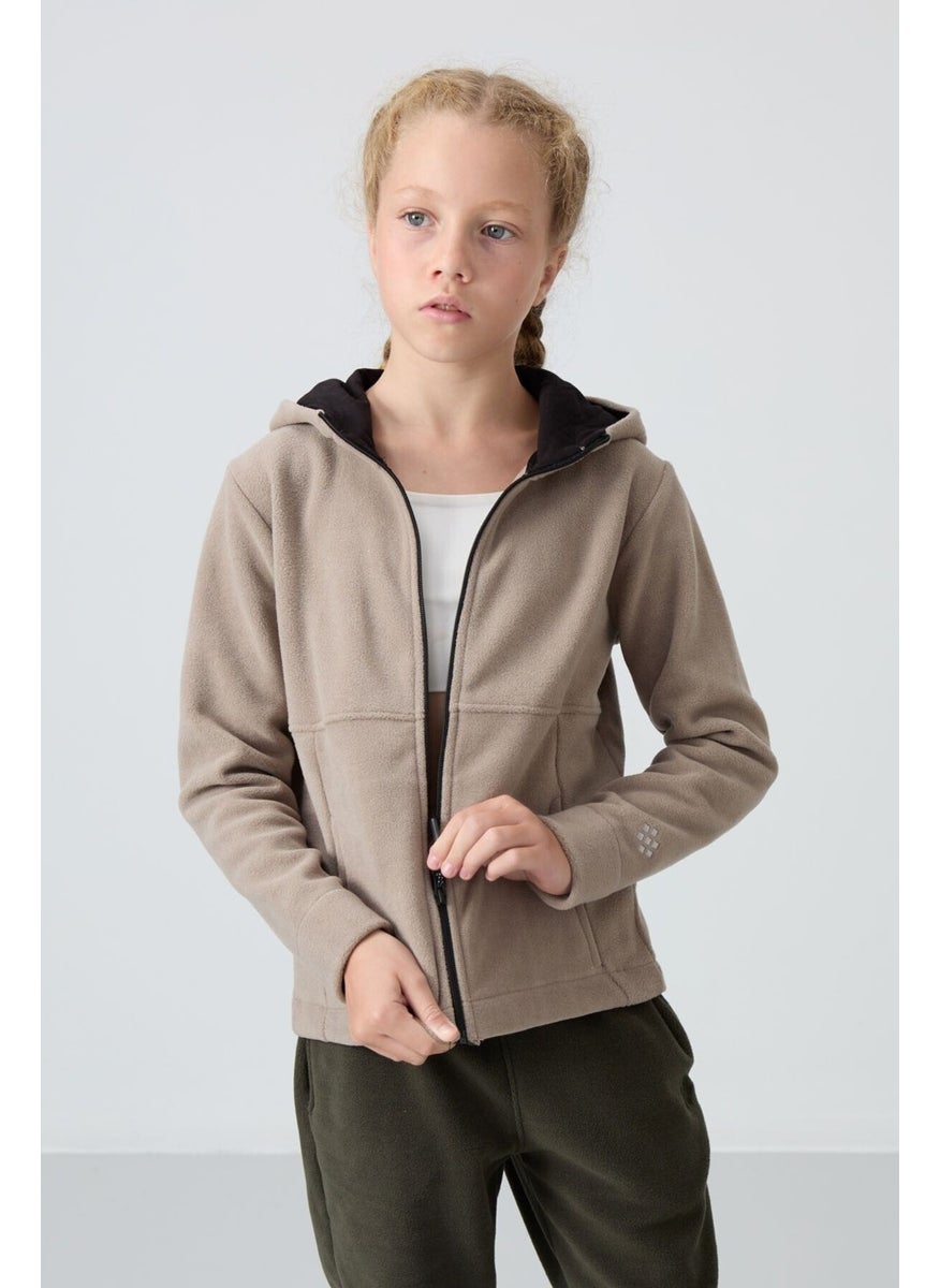 Dark Beige Thick Soft Texture Standard Fit Embroidered Polar Fleece Girl Sweatshirt - 75152