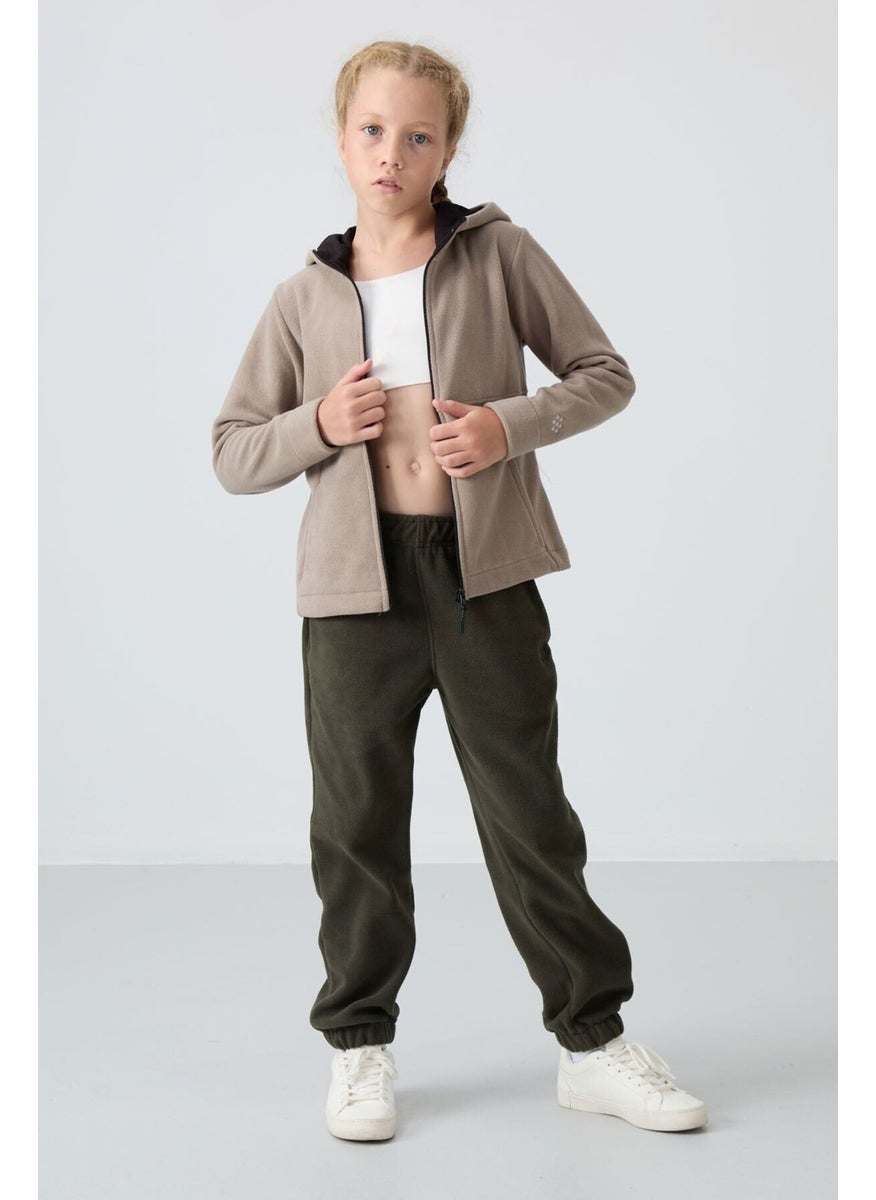 Dark Beige Thick Soft Texture Standard Fit Embroidered Polar Fleece Girl Sweatshirt - 75152