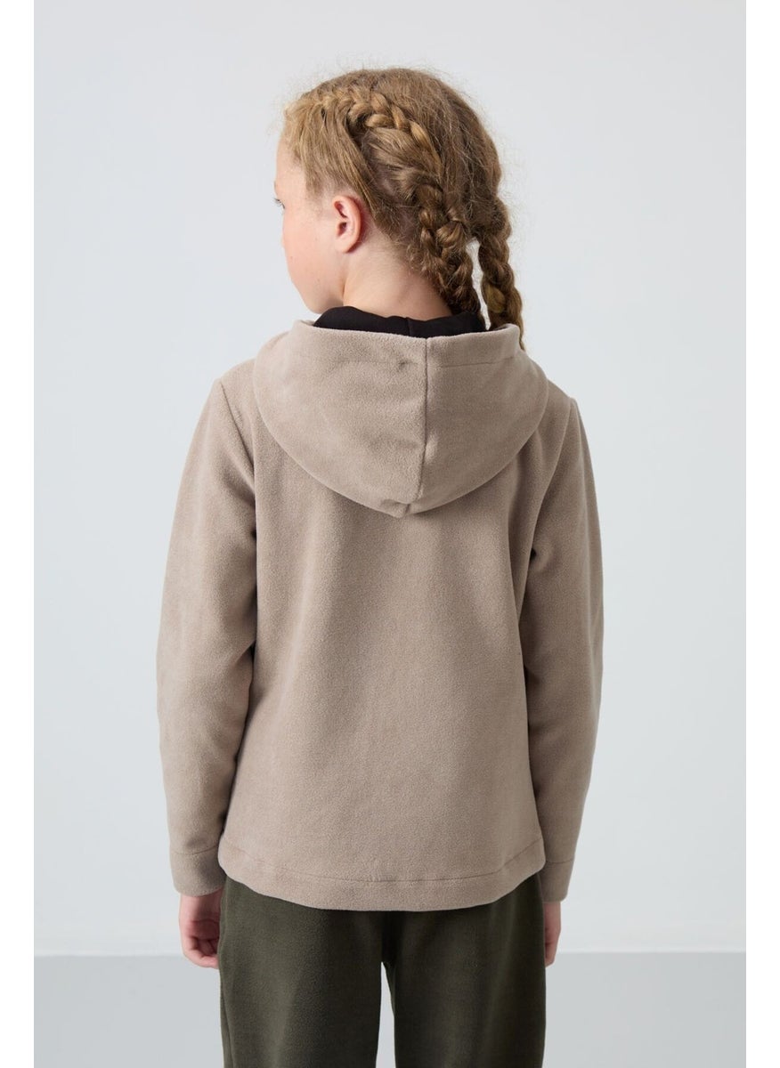 Dark Beige Thick Soft Texture Standard Fit Embroidered Polar Fleece Girl Sweatshirt - 75152
