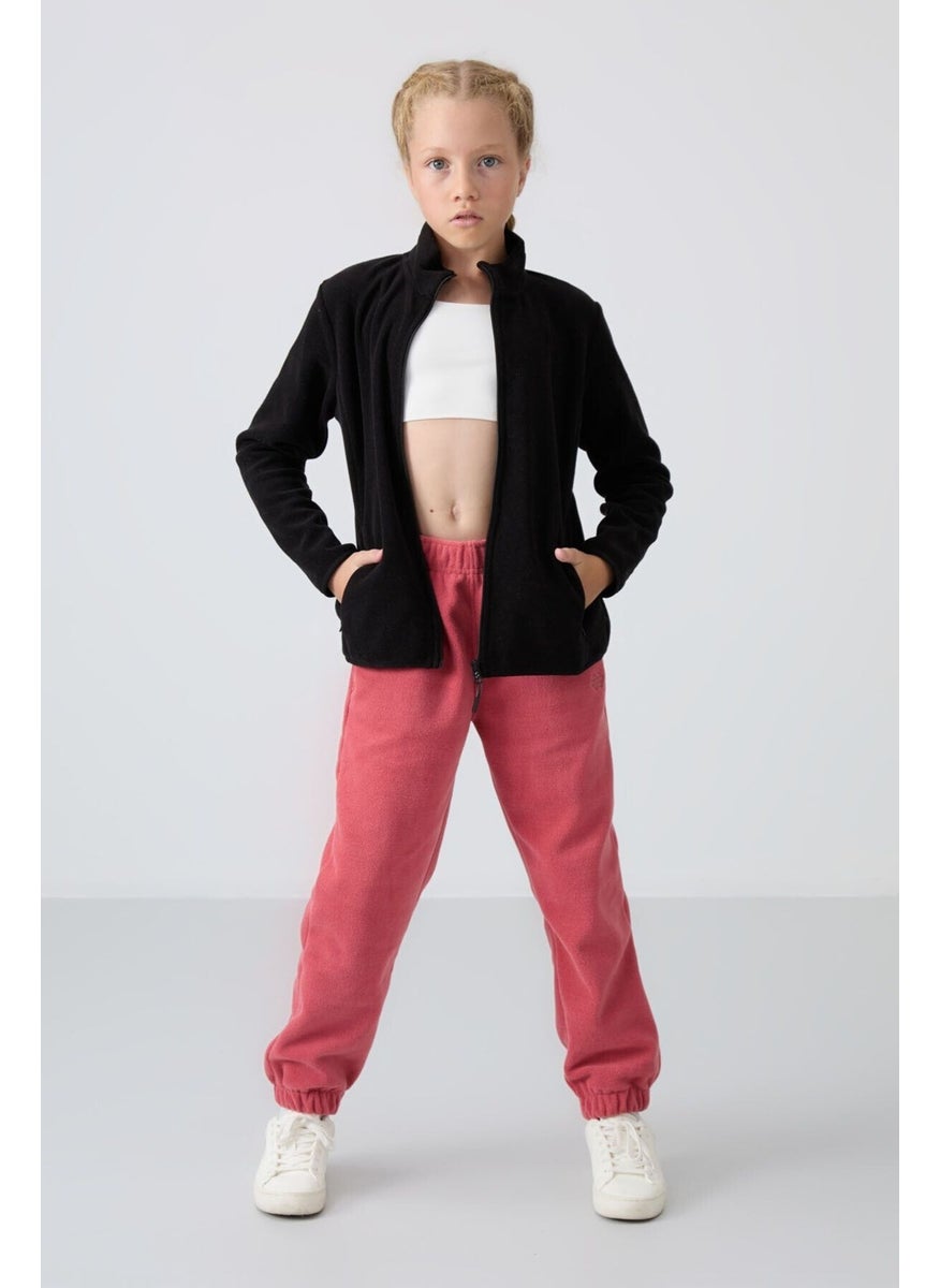 Black Thick Soft Texture Standard Fit Embroidered Polar Fleece Girls Sweatshirt - 75154