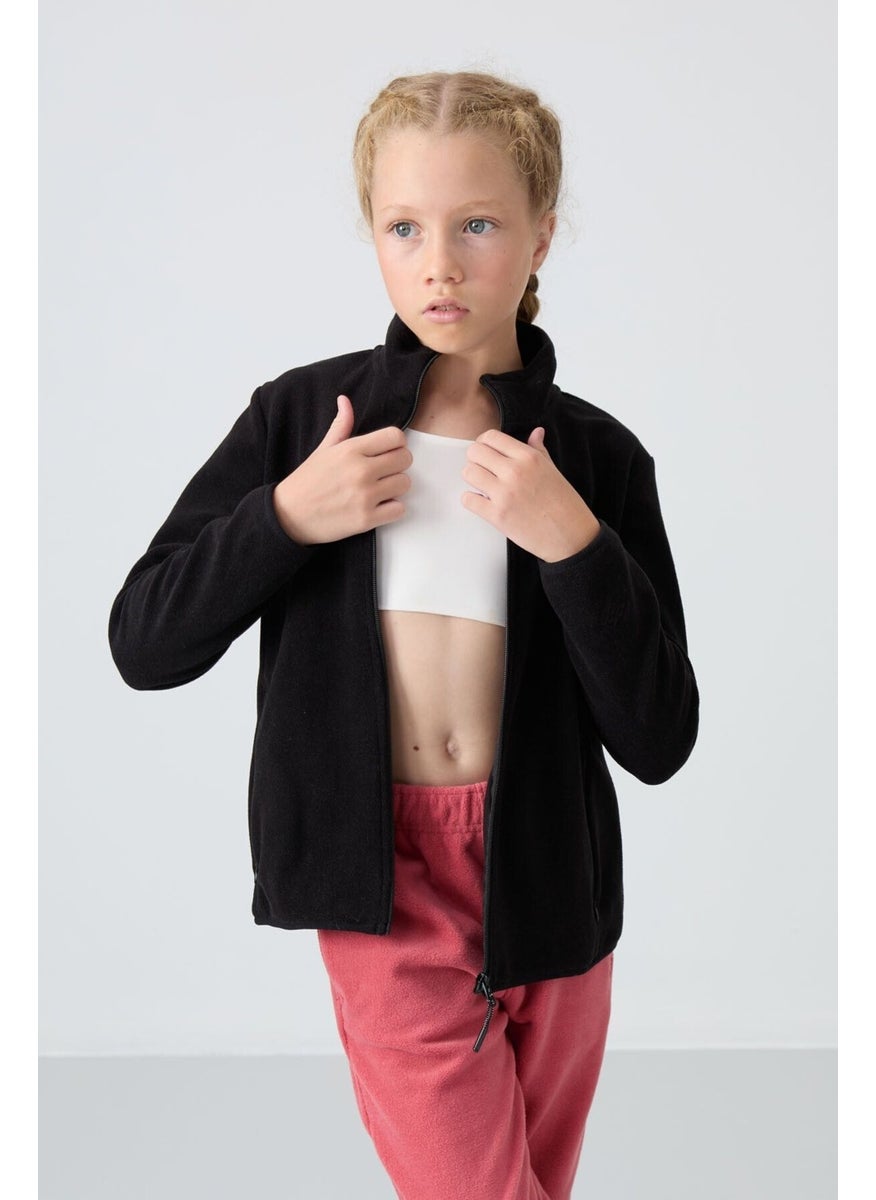 Black Thick Soft Texture Standard Fit Embroidered Polar Fleece Girls Sweatshirt - 75154
