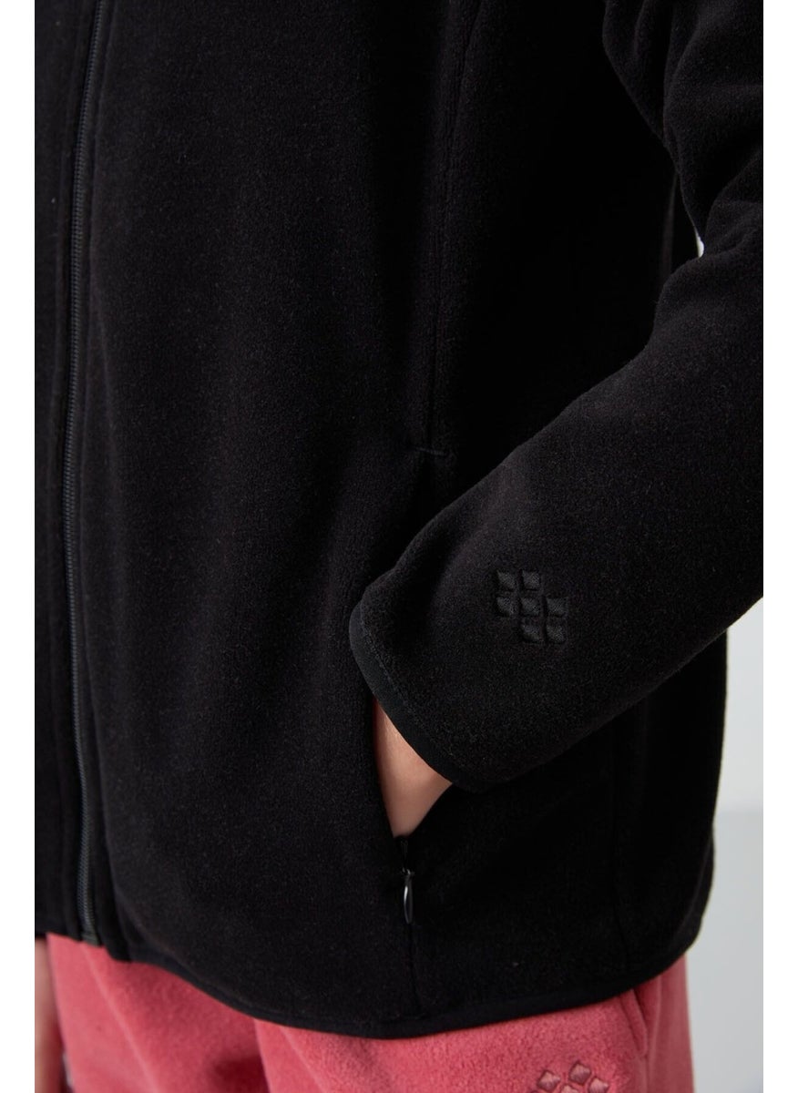 Black Thick Soft Texture Standard Fit Embroidered Polar Fleece Girls Sweatshirt - 75154
