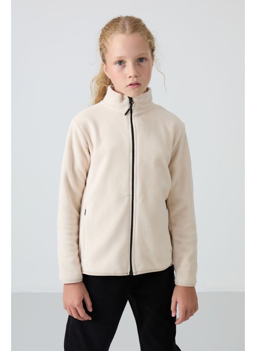 Beige Thick Soft Texture Standard Fit Embroidered Polar Fleece Girl Sweatshirt - 75154