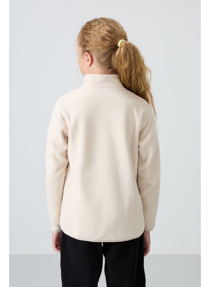 Beige Thick Soft Texture Standard Fit Embroidered Polar Fleece Girl Sweatshirt - 75154
