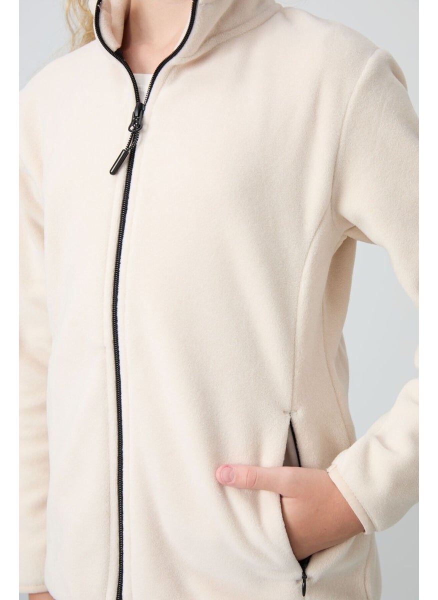 Beige Thick Soft Texture Standard Fit Embroidered Polar Fleece Girl Sweatshirt - 75154
