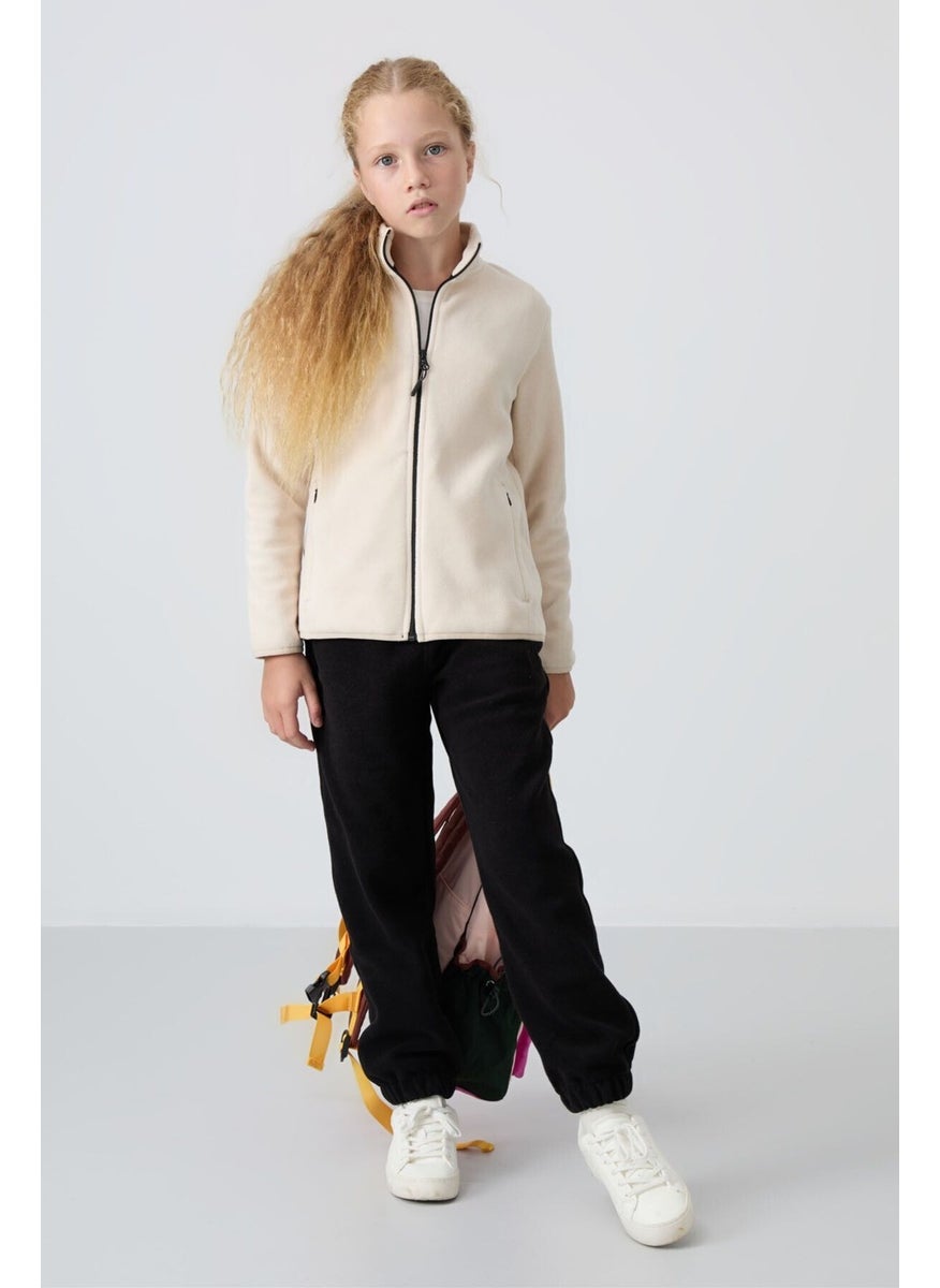 Beige Thick Soft Texture Standard Fit Embroidered Polar Fleece Girl Sweatshirt - 75154