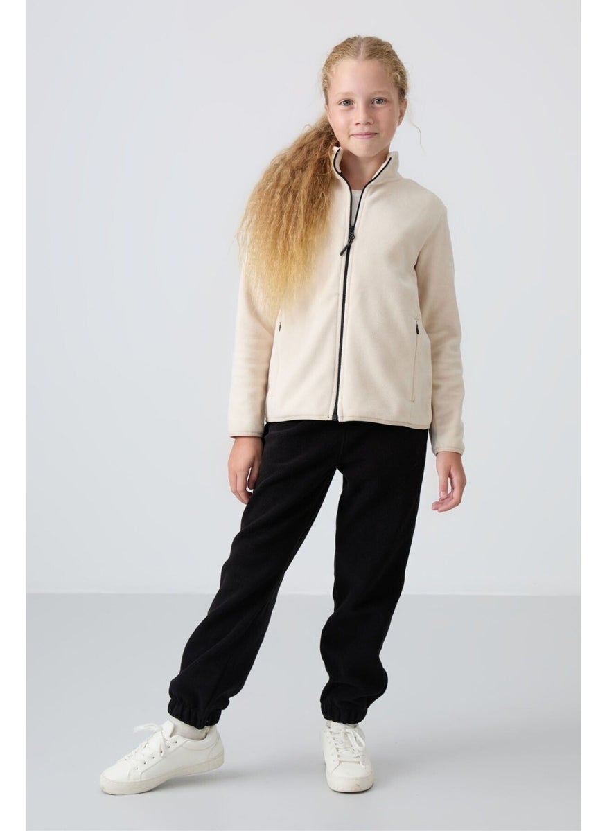 Beige Thick Soft Texture Standard Fit Embroidered Polar Fleece Girl Sweatshirt - 75154