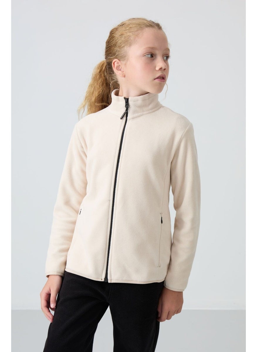 Beige Thick Soft Texture Standard Fit Embroidered Polar Fleece Girl Sweatshirt - 75154