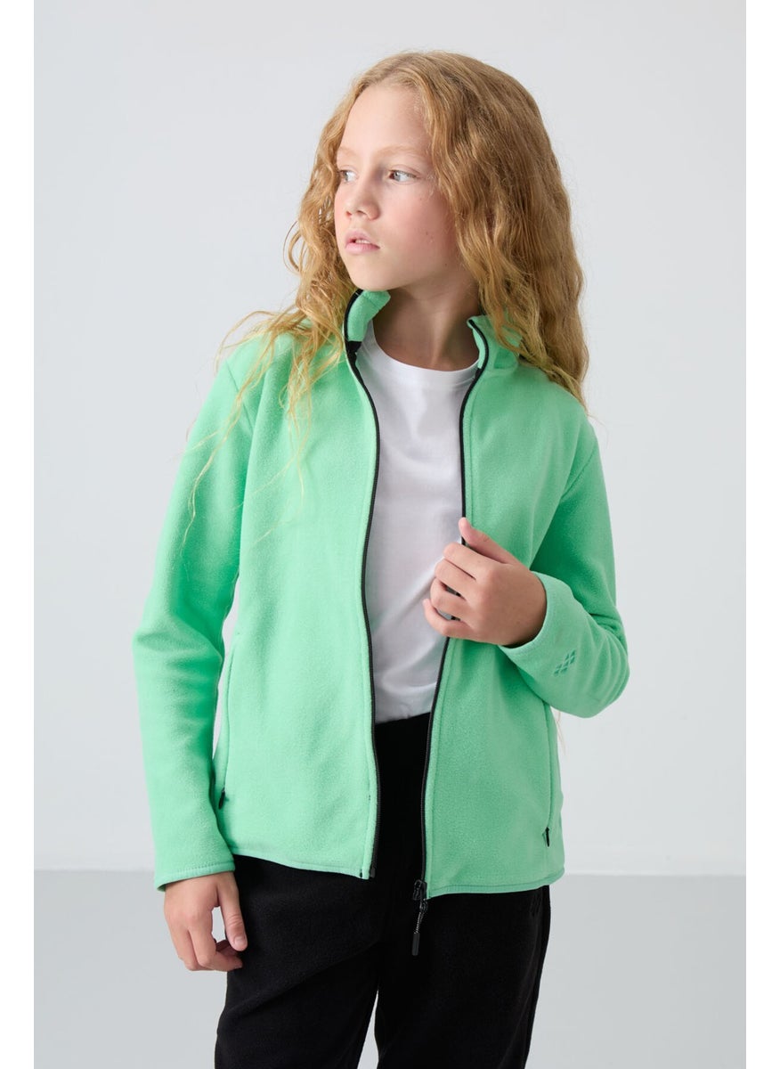 Water Green Thick Soft Texture Standard Fit Embroidered Polar Fleece Girls Sweatshirt - 75154