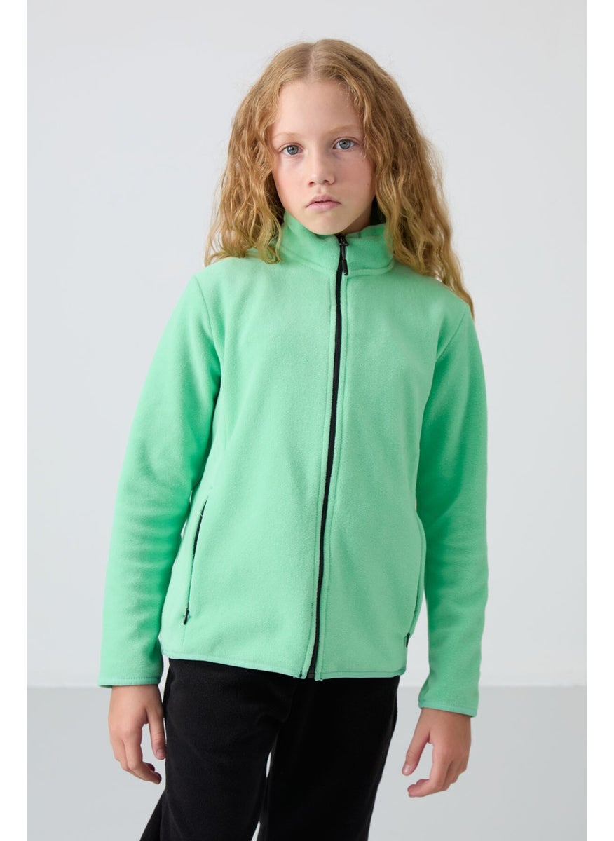 Water Green Thick Soft Texture Standard Fit Embroidered Polar Fleece Girls Sweatshirt - 75154