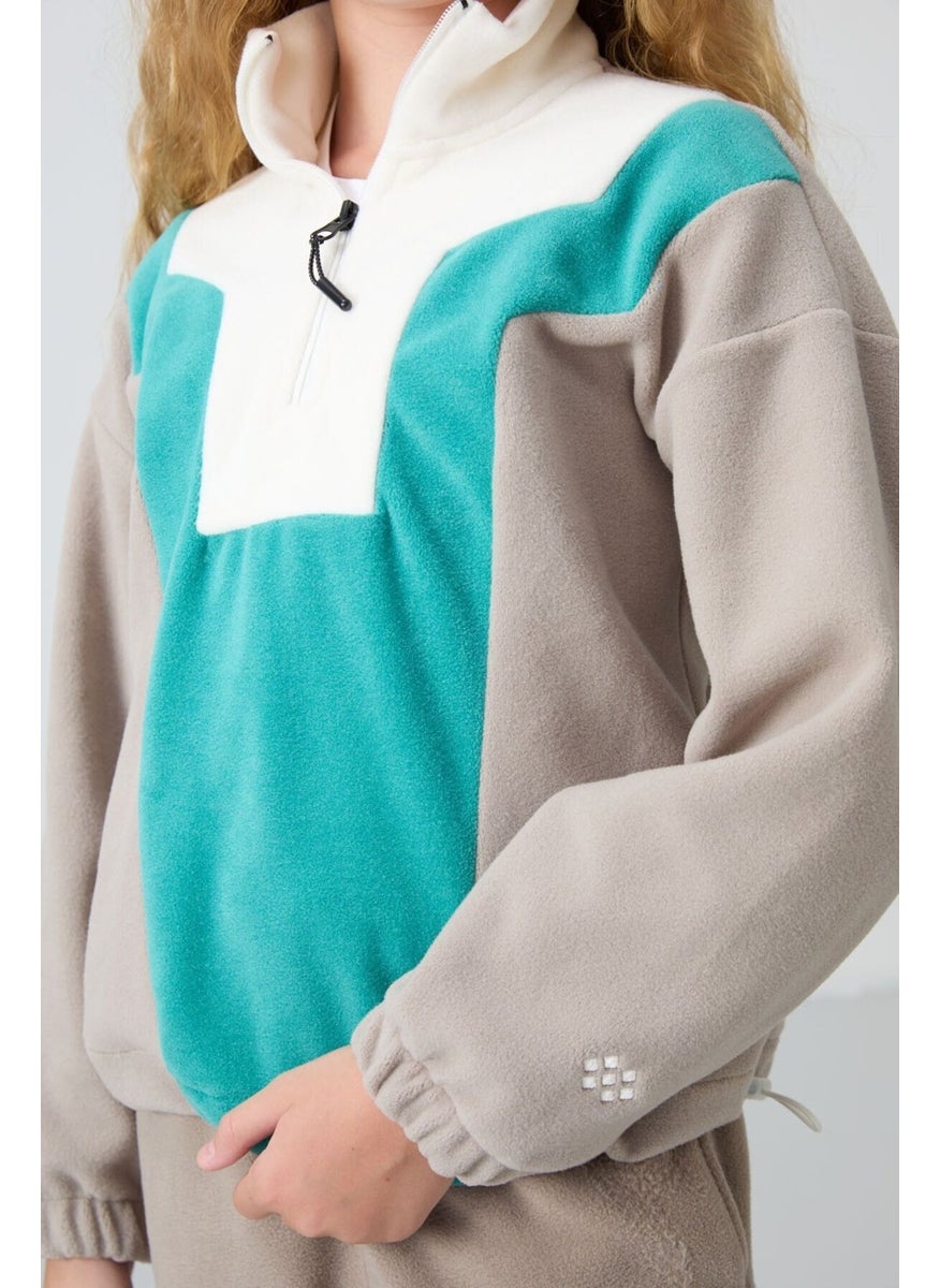 Dark Beige Thick Soft Texture Oversize Embroidered Polar Fleece Girl Sweatshirt - 75153