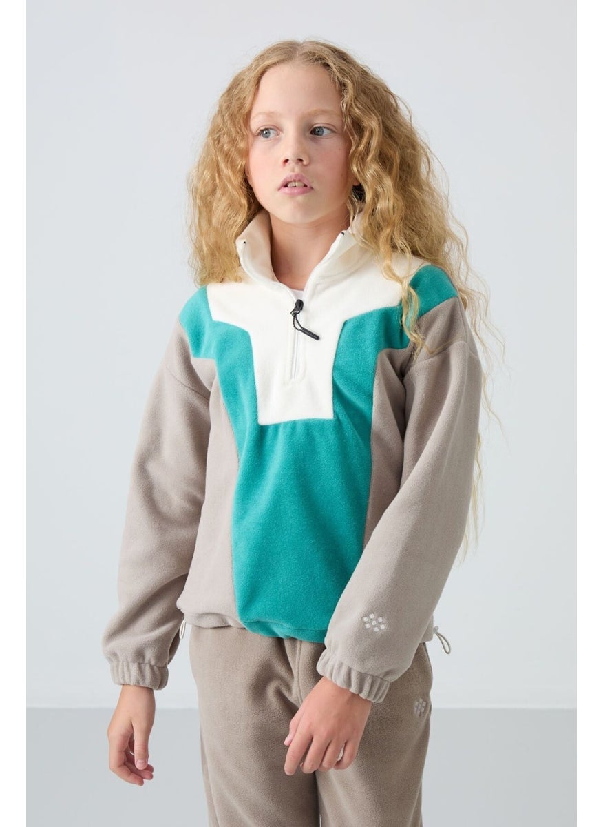 Dark Beige Thick Soft Texture Oversize Embroidered Polar Fleece Girl Sweatshirt - 75153