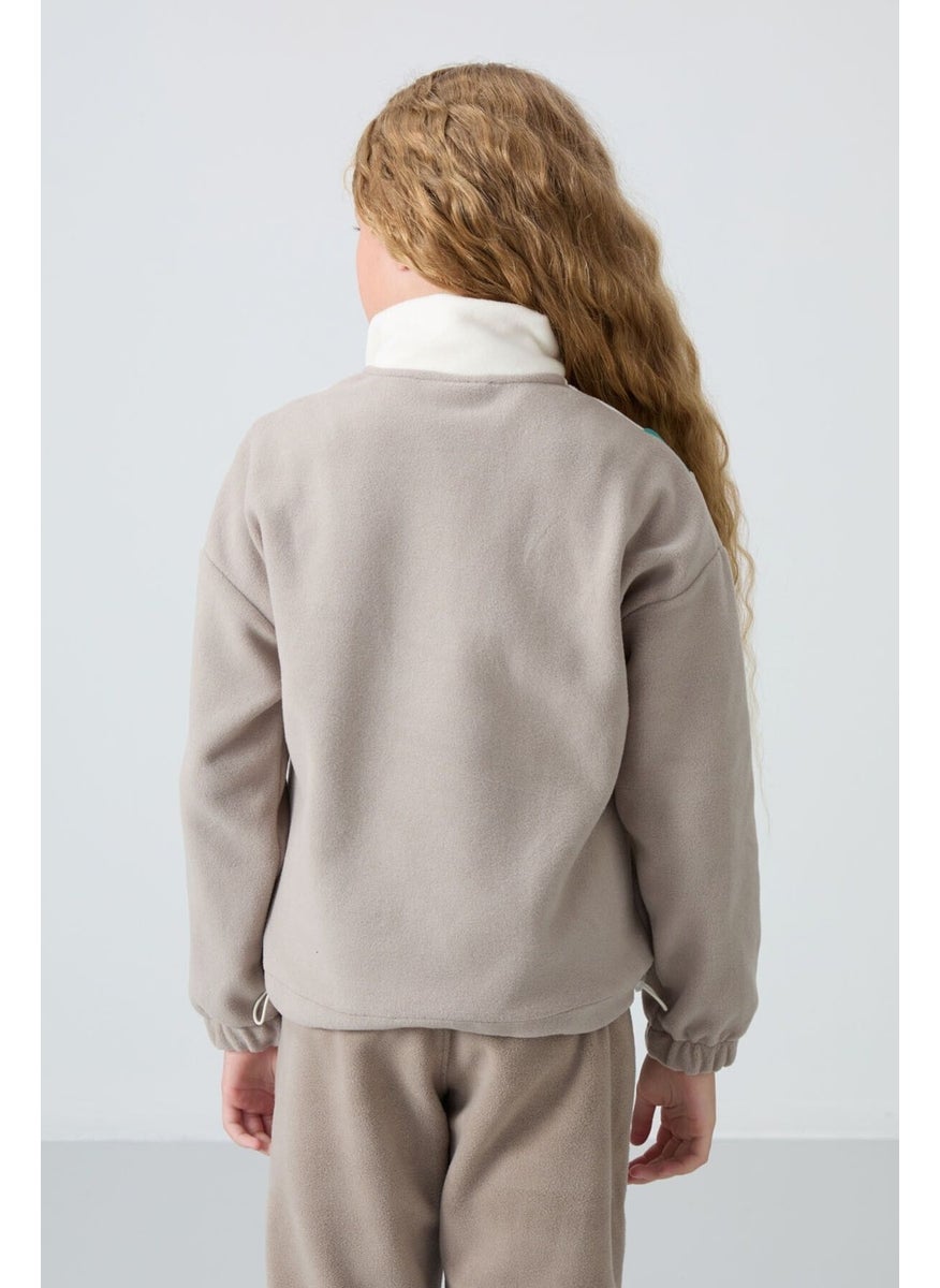 Dark Beige Thick Soft Texture Oversize Embroidered Polar Fleece Girl Sweatshirt - 75153