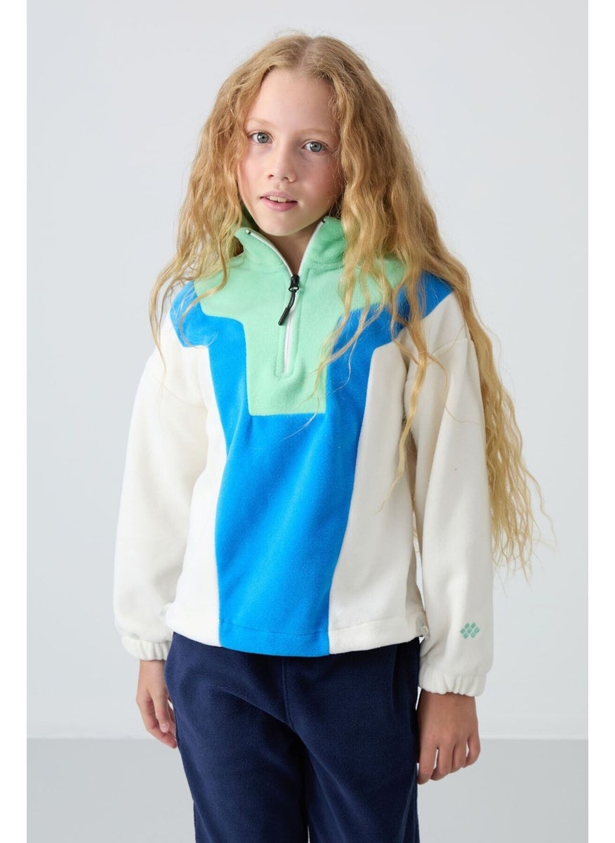 Ecru Thick Soft Texture Oversize Embroidered Polar Fleece Girls Sweatshirt - 75153