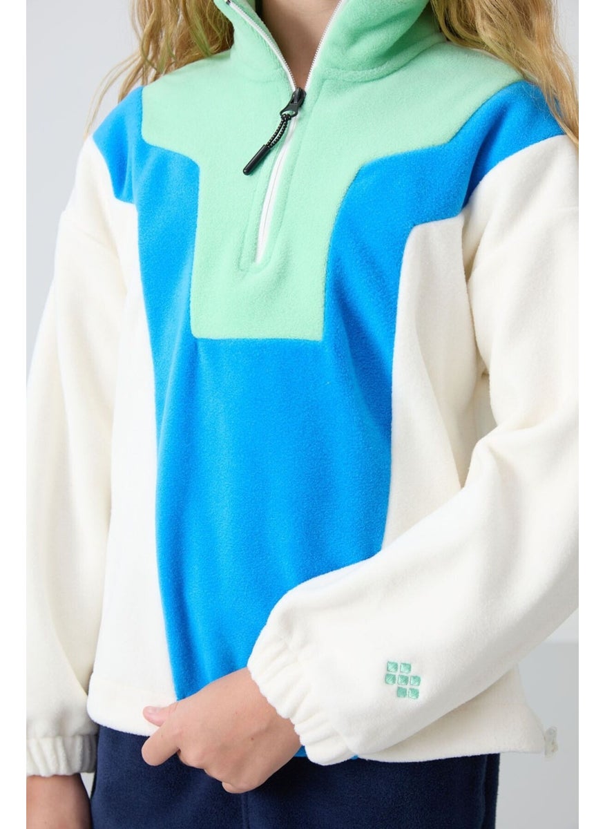 Ecru Thick Soft Texture Oversize Embroidered Polar Fleece Girls Sweatshirt - 75153