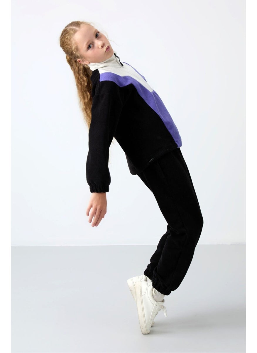 Black Thick Soft Texture Oversize Embroidered Polar Fleece Girl Sweatshirt - 75153