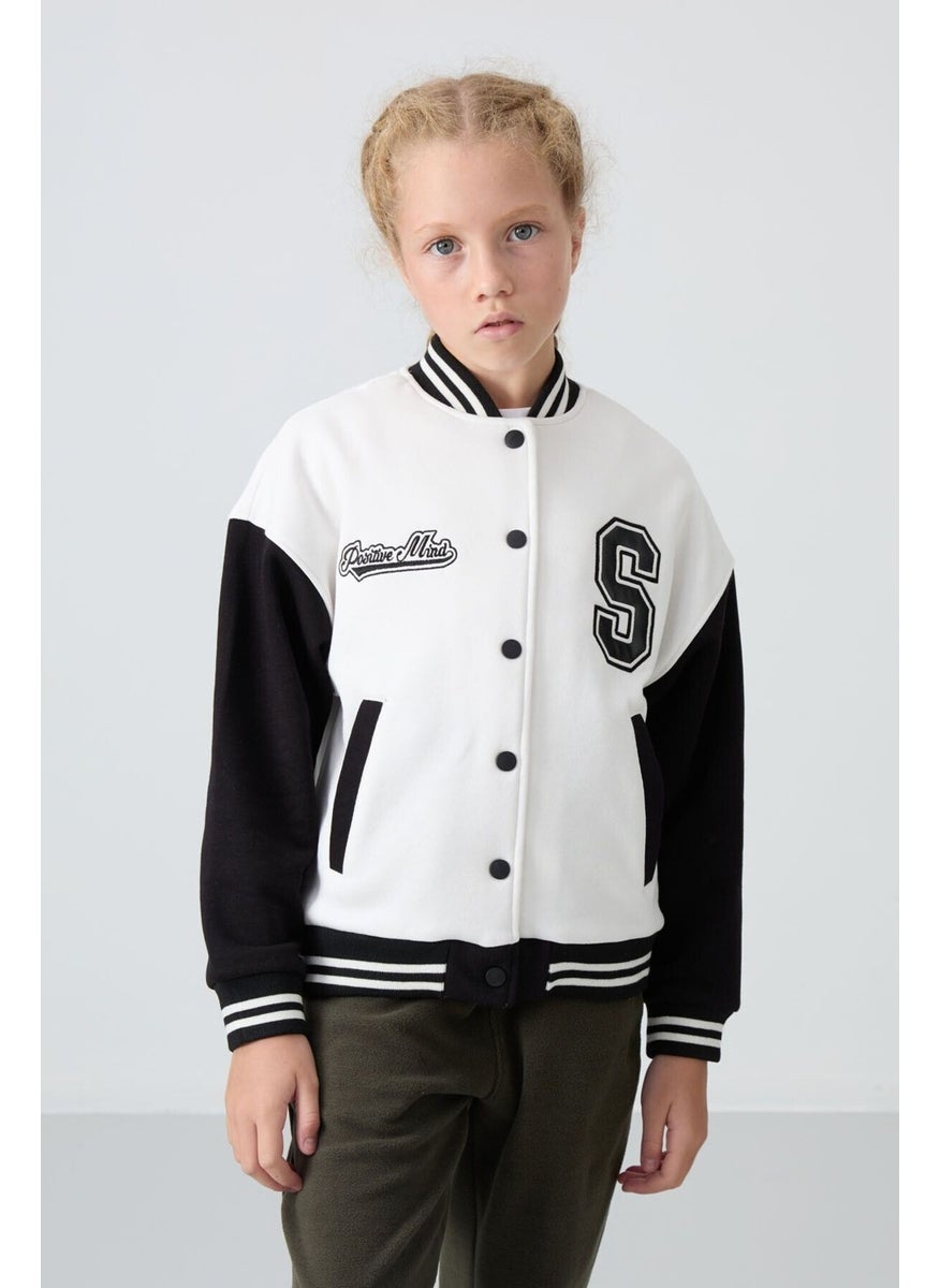 Ecru Cotton Fluffy Soft Texture Standard Fit Embroidered Girls College Jacket - 75163