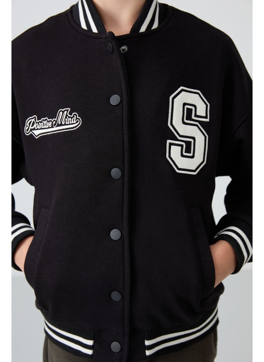 Black Cotton Fluffy Soft Texture Standard Fit Embroidered Girls College Jacket - 75163