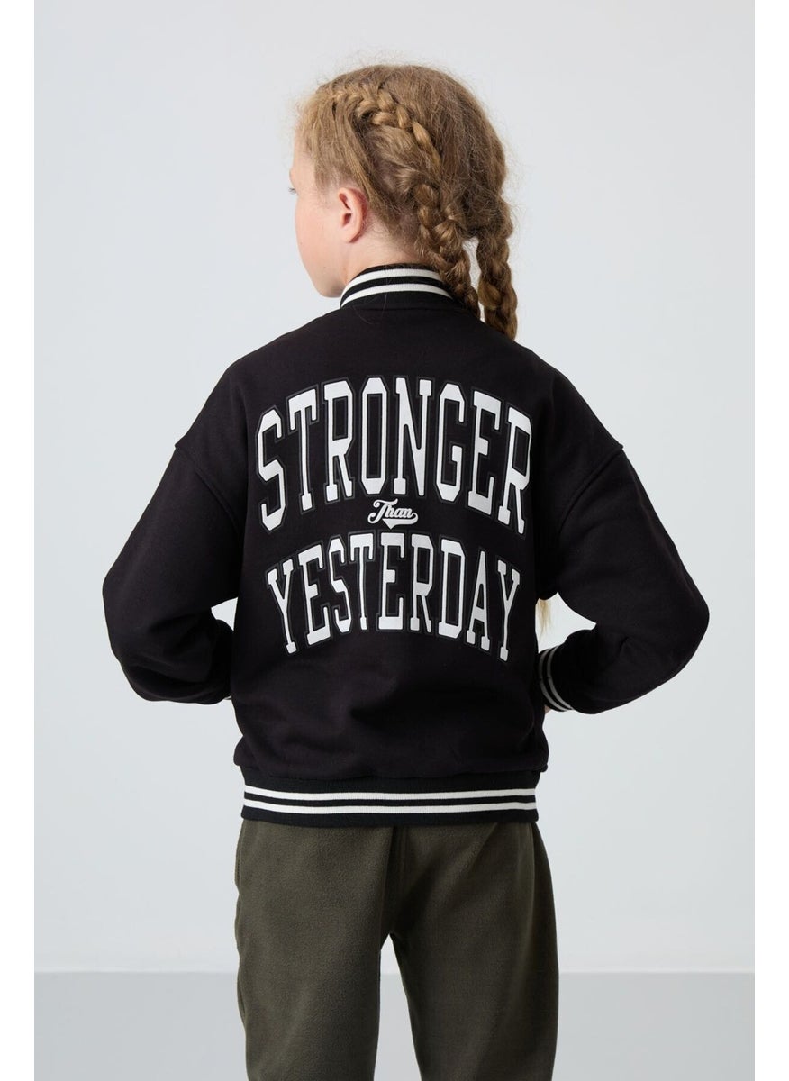 Black Cotton Fluffy Soft Texture Standard Fit Embroidered Girls College Jacket - 75163