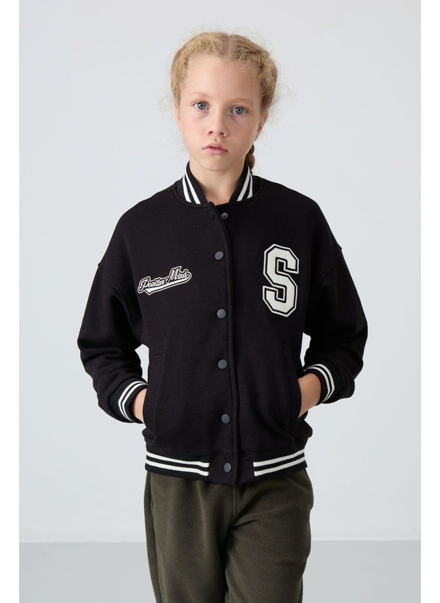 Black Cotton Fluffy Soft Texture Standard Fit Embroidered Girls College Jacket - 75163