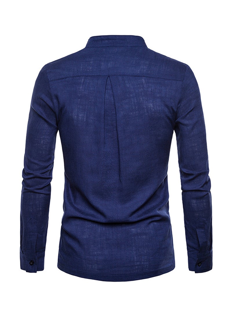 Solid Linen Long Sleeve Shirt Navy Blue