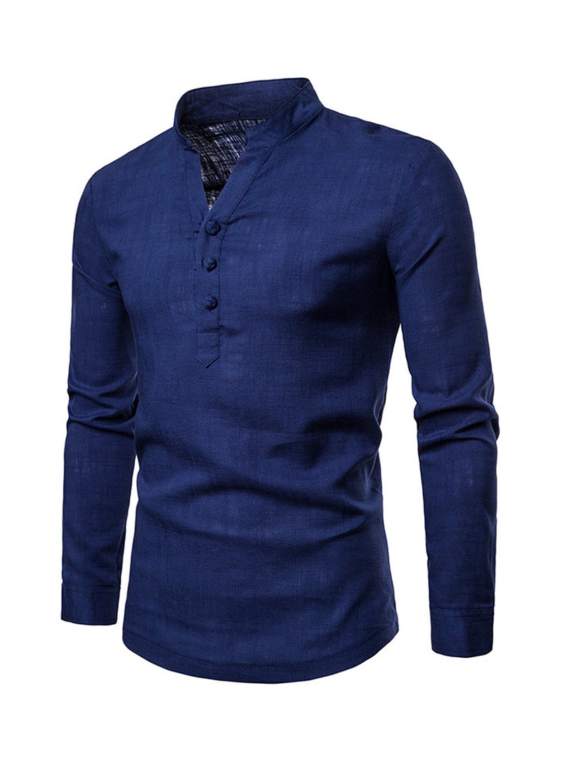 Solid Linen Long Sleeve Shirt Navy Blue