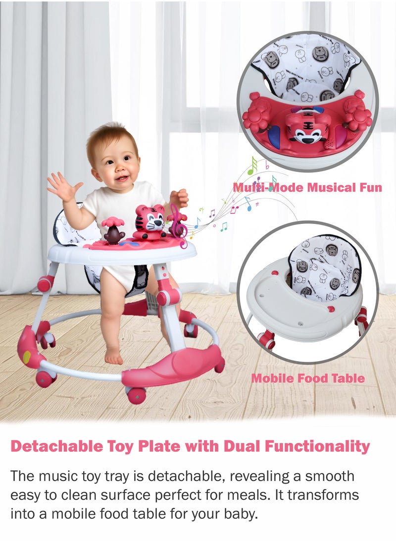 Baby Walker with Wheels for Boys and Girls Height Adjustable 5-Gear Comfortable Soft Cushion Seat Collapsible Baby Infant and Toddler Walker with 6 Universal Wheels Detachable Music Plate with Spinning Toys Multifunctional Toddlers Go-Cart from 6 to 24 months Old